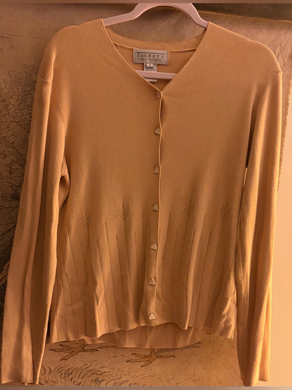 * Talbots Collection Rose Taupe Tan Shell Button Cardigan Stitch Details Medium